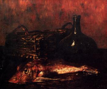 A Still Life With A Fish A Bottle And A Wicker Basket